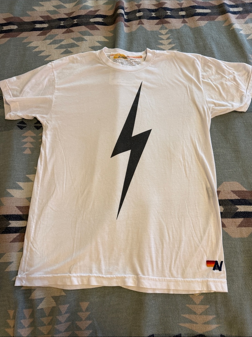 Aviator Nation White Tee with Black Lightning Bolt Graphic